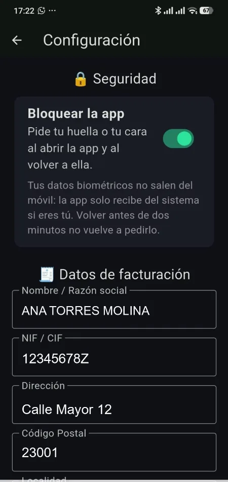 Ajustes de la app con el bloqueo por huella y los datos de facturacion