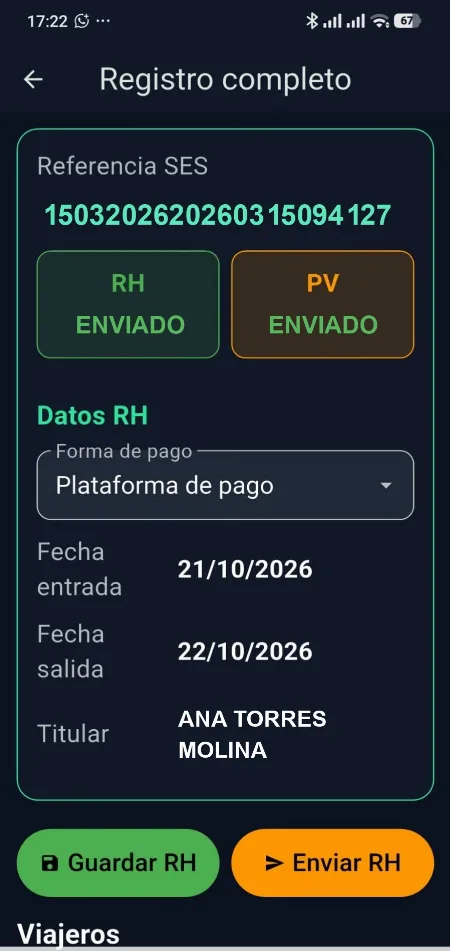 Detalle de un registro con el RH y el parte de viajeros ya enviados