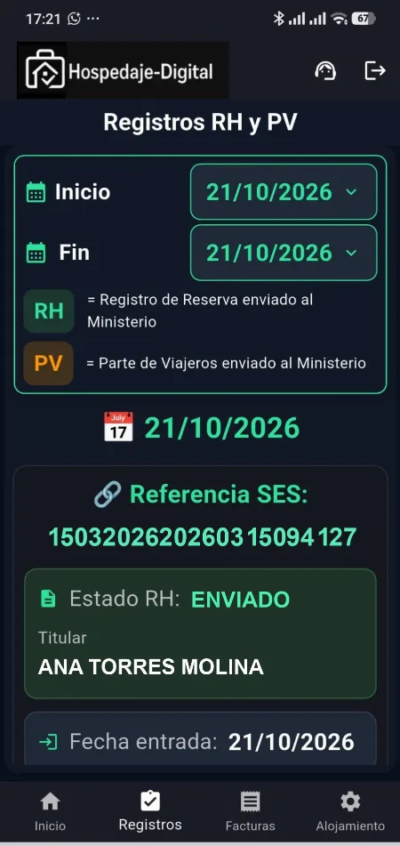 Listado de registros RH y PV con el estado del envio a SES Hospedajes